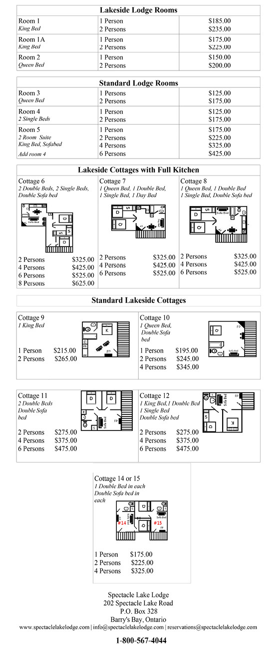 Rates Spectacle Lake Lodge 4 Season Resort Barry's Bay, Ontario